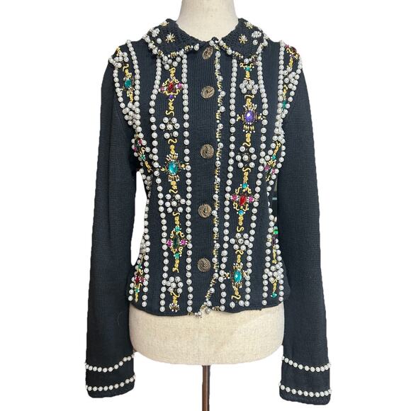 Vintage Michael Simon Cardigan Ramie Cotton Sz M Beaded Jeweled Statement Piece - Picture 1 of 9